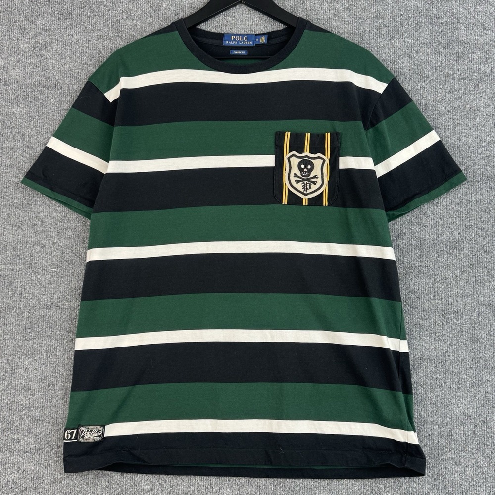 Polo Ralph Lauren T Shirt Mens M Green Black Stripe Skull Crossbones Classic Fit